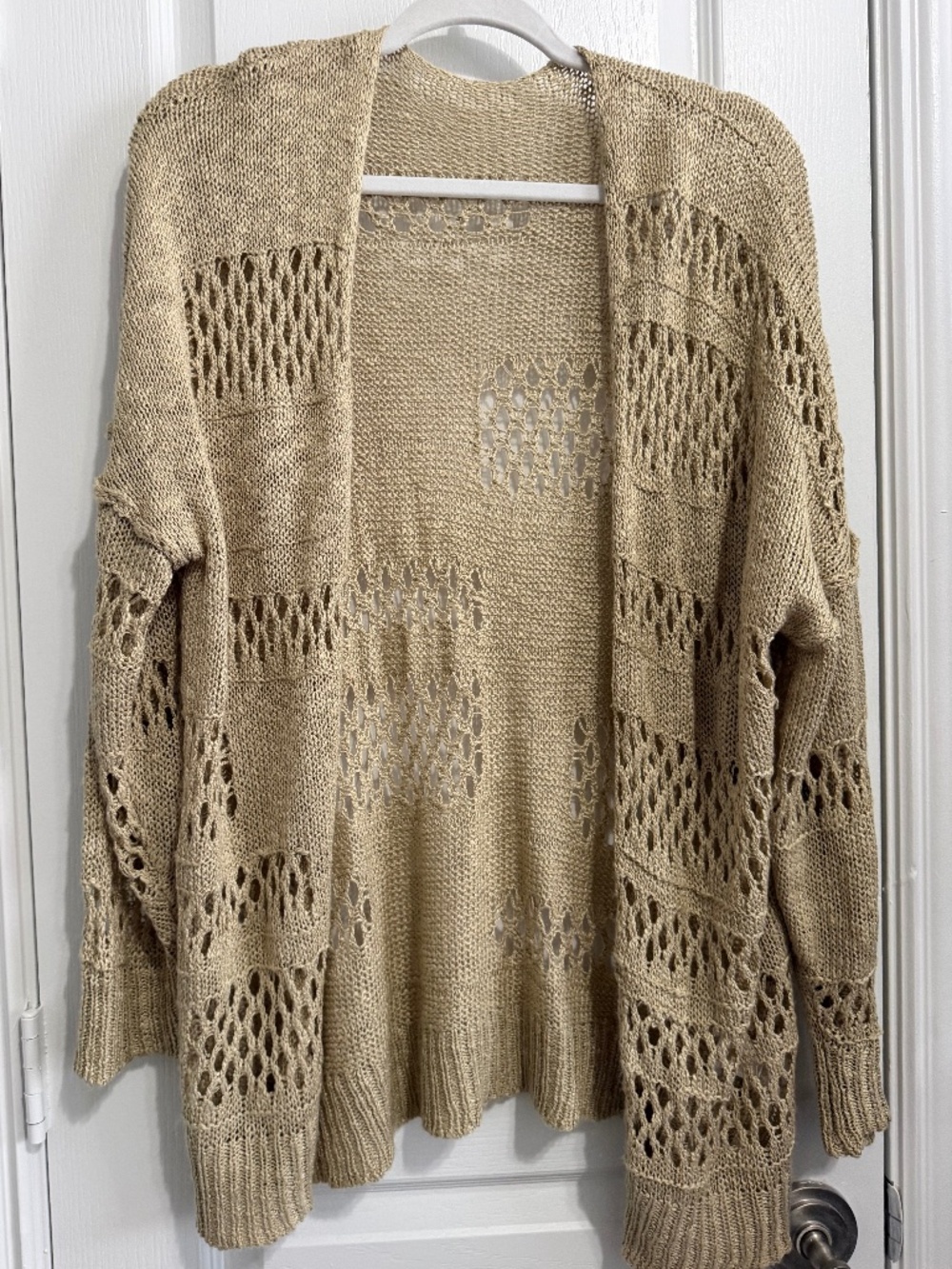 Khaki Open Knit Patchwork Open Front Slouchy Cardigan Sweater One Size 0M